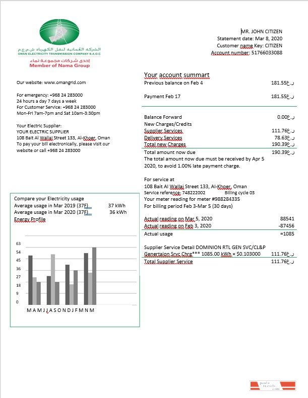 Oman Oman Electricity Transmission Company electricity bill in Word format